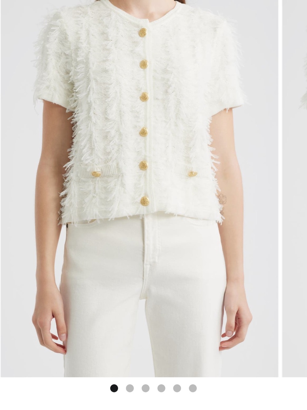 Kobi Halperin White Swift Short Sleeve Fringe Gold Button Cardigan Sz S Preppy